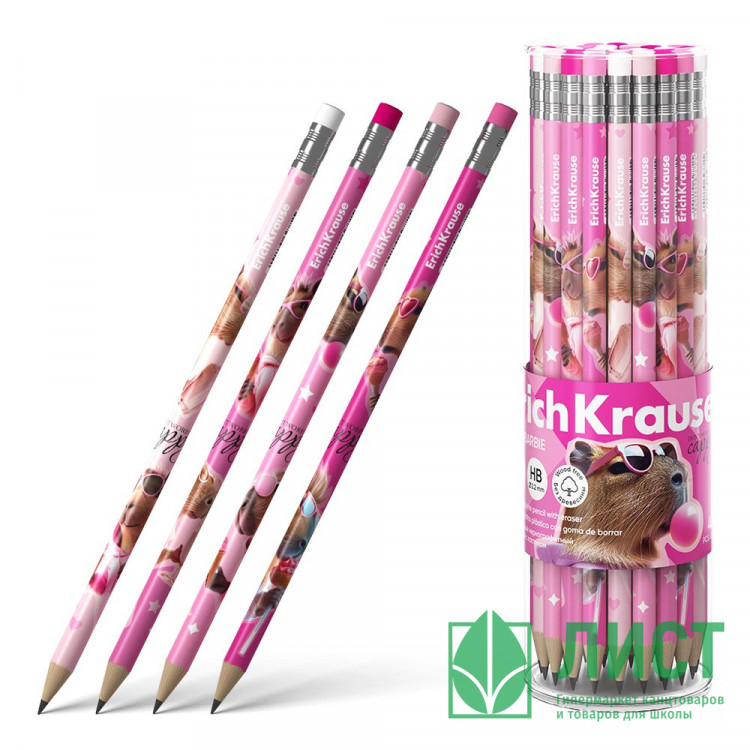 Карандаш чернографитный ErichKrause с ластиком CapyBarbara HB круглый корпус ассорти пластик арт.62771 (Ст.42)