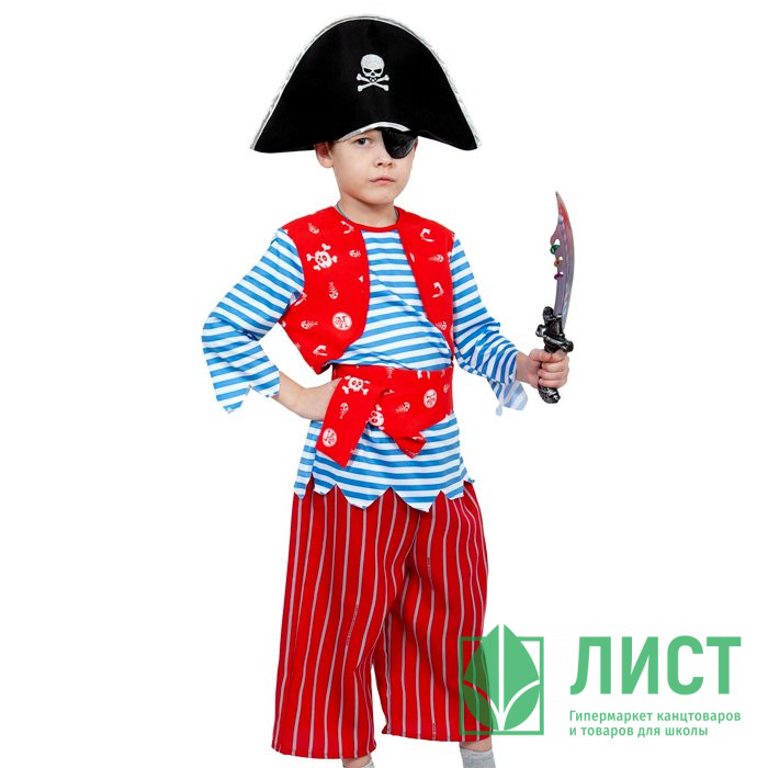 Костюм М (СКАЗКА) Пират Билли (тельняшка,жилет,бриджи,шляпа,сабля,повязка) р.122-140 ткань арт.5058