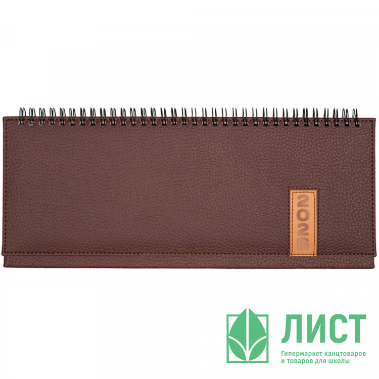 Планинг датированный 2026 "deVENTE. Vertical" (310 ммx145 мм) 128 стр, белая бумага 70 г/м², печать в 2 краски, твердая обложка из искусственной кожи с поролоном, отстрочка, термо тиснение, евро спираль, в термоусадочной пленке, коричневый