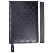 Ежедневник датированный 2026 deVENTE "TOTAL BLACK" A5 (145 ммx205 мм) 336 стр, белая бумага 70 г/м² с черным срезом, печать в 2 краски, твердая обложка из искусственной кожи с поролоном, отстрочка, аппликация rubber patсh, черный форзац, перфорация, закру