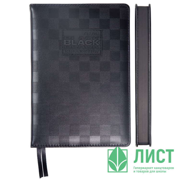 Ежедневник датированный 2026 deVENTE "TOTAL BLACK" A5 (145 ммx205 мм) 336 стр, белая бумага 70 г/м² с черным срезом, печать в 2 краски, твердая обложка из искусственной кожи с поролоном, отстрочка, аппликация rubber patсh, черный форзац, перфорация, закру