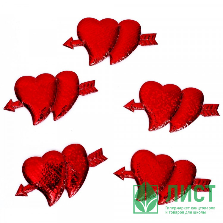 Сердечки декоративные Голография, набор 5шт 6,5*3,3см красный арт.7532280