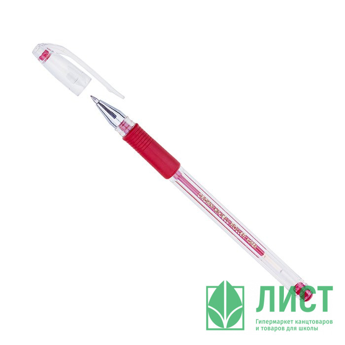 Ручка гелевая  прозрачный корпус  резиновый упор CROWN красный, конус, 0,5мм арт.HJR-500R (Ст.12)