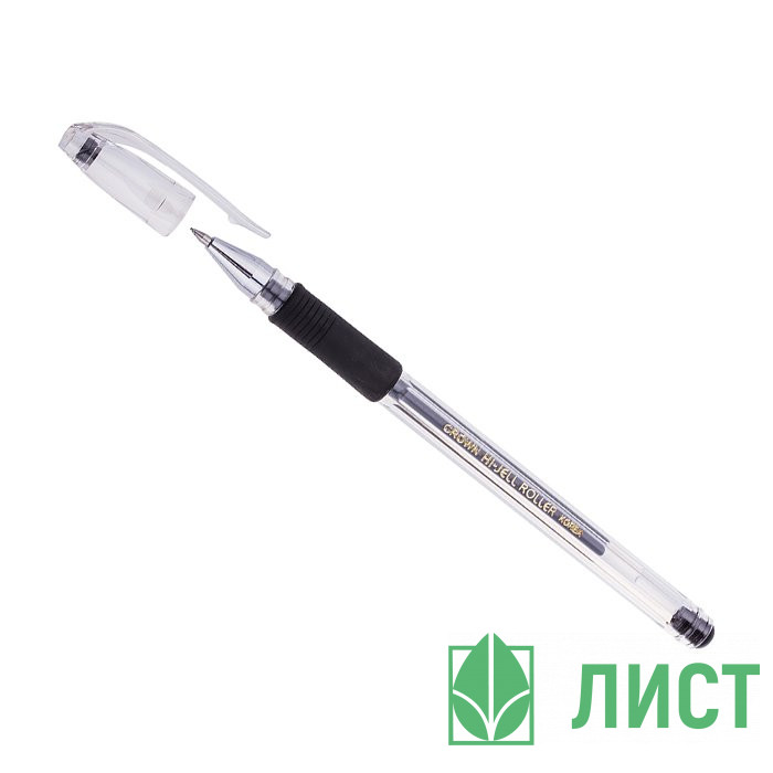 Ручка гелевая прозрачный корпус резиновый упор CROWN черный, конус, 0,5мм арт.HJR-500R (Ст.12)