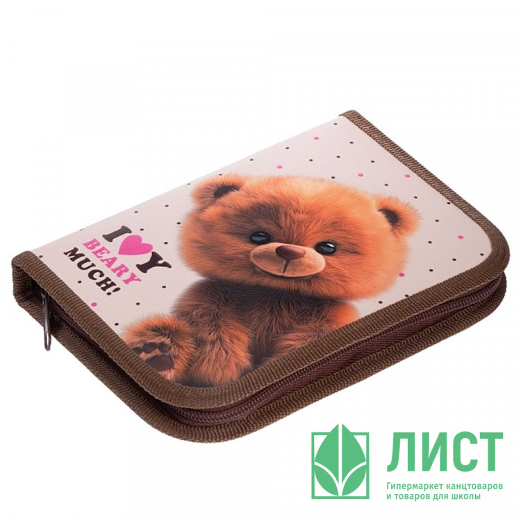 Пенал 1 отделение с откидной планкой (Hatber) Пушистый мишка 190х130мм матовая ламинация 3D лак с таблицей умножения арт.NPn_46079