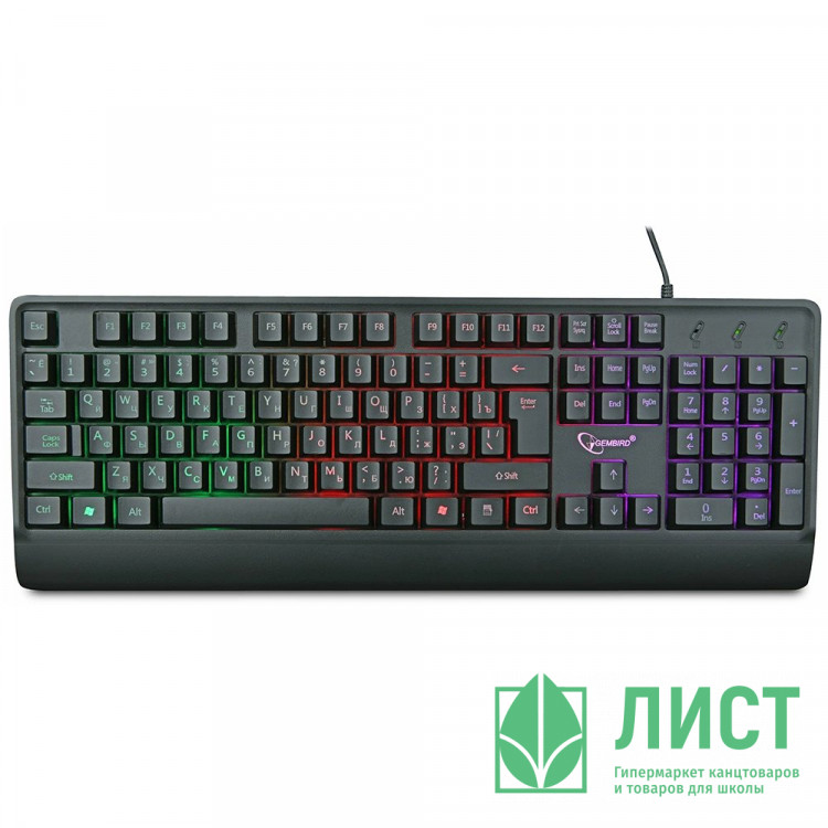 Клавиатура провод. Gembird KB-220L (USB,черный,104 клавиши,подсветка Rainbow,кабель1.5м,водооттал.поверхность)