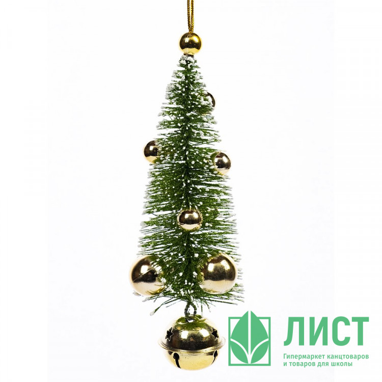 Украшение декор.подвеска металл/пластик. "Ёлочка с бубенчиком" 19,5*7см цв.зелен/золото арт.91022