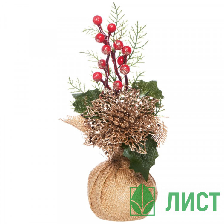 Композиция новогодняя настольная в мешке "Пуансеттия" 9*11,5*26см арт.92403