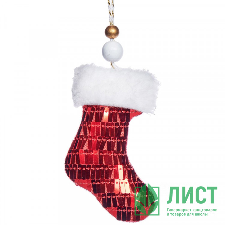 Украшение декор.подвесное текстиль/платик/дерево "Носок" 10см цв.красный арт.92363