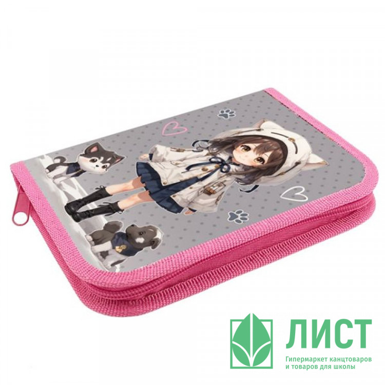 Пенал 1 отделение с откидной планкой (ОНИКС) ПКК 07-5 Аниме с питомцами 190х130мм ламиннированный картон