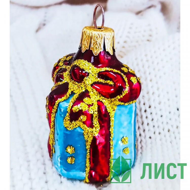 Украшение декоративное стекло 06см "Подарок" голубой п/у арт.ФУ-167/3